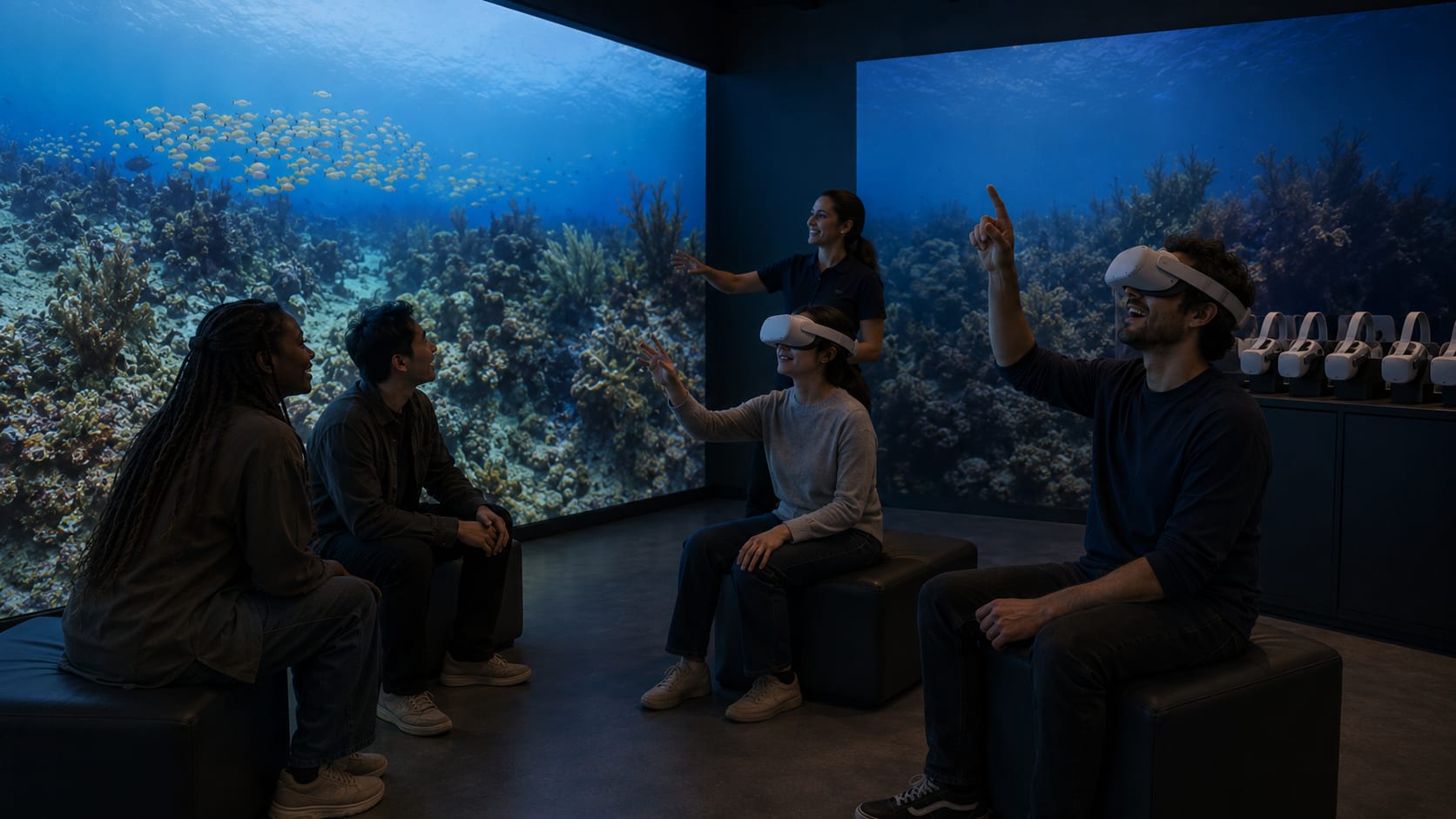 Visitors in VR headsets experiencing Azul Vivo reef imagery on immersive venue screens